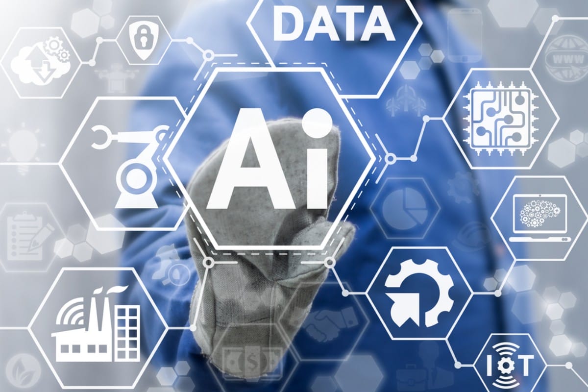 Gloved hand interacts with AI digital interface displaying data and robotics.