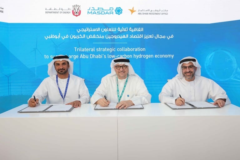 كوب28: تعاون استراتيجي بين دائرة الطاقة ومكتب أبوظبي للاستثمار ومصدر لتعزيز اقتصاد الهيدروجين