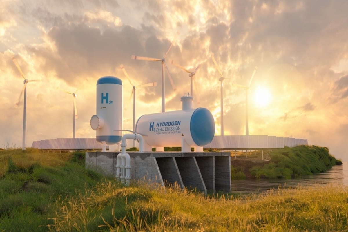 Hydrogen facility powered by wind turbines.