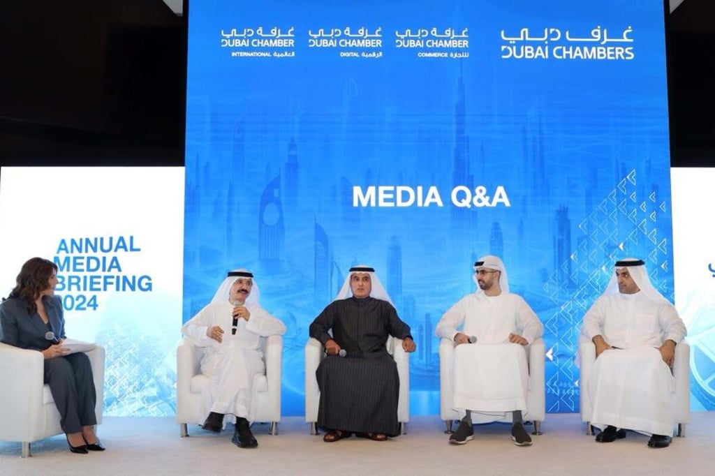 Abdul Aziz Abdulla Al Ghurair, Omar Sultan Al Olama, Sultan Ahmed bin Sulayem, and Mohammad Ali Rashed Lootah at the Q&A session.