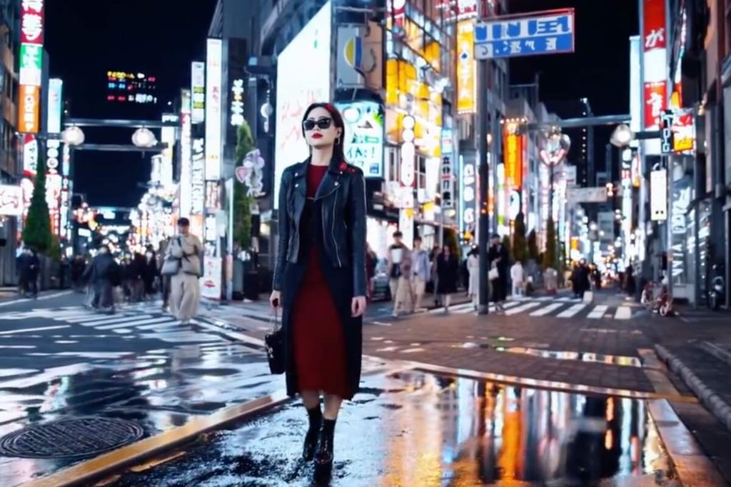 A screengrab from one of the videos created by Sora, depicting a woman in Tokyo.