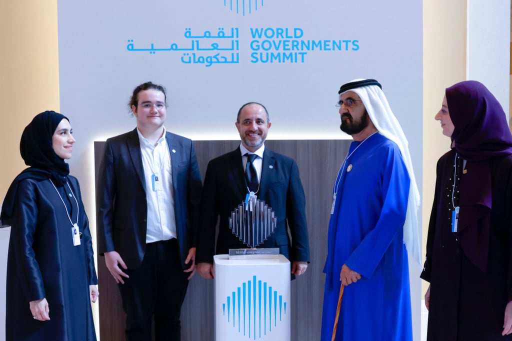 Sheikh Mohammed bin Rashid with the winners of the Edge of Government Award, in Dubai.