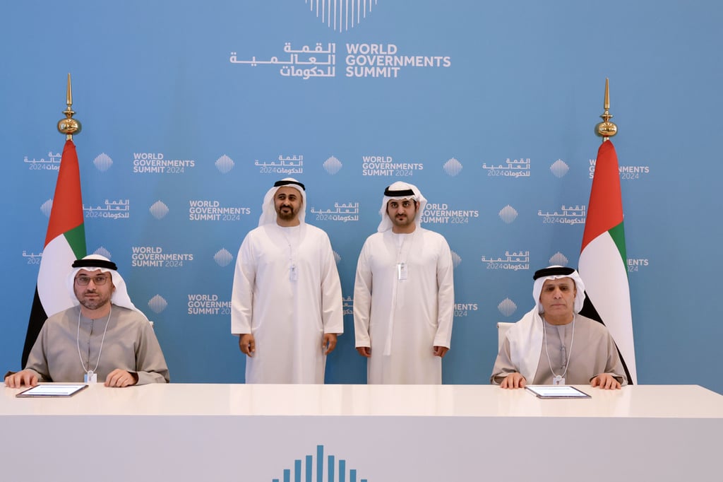 Sheikh Maktoum bin Mohammed bin Rashid and Sheikh Theyab bin Mohamed bin Zayed at the signing of the MoU in Dubai.