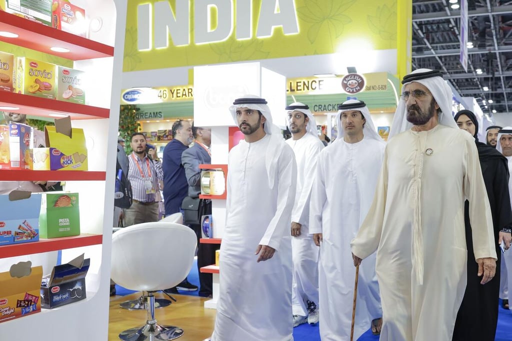 Sheikh Mohammed bin Rashid Al Maktoum and Sheikh Hamdan bin Mohammed bin Rashid Al Maktoum visit pavilions at Gulfood 2024.