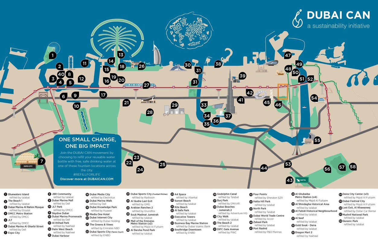 Map of 58 water refill stations in Dubai for the “Dubai CAN” initiative.