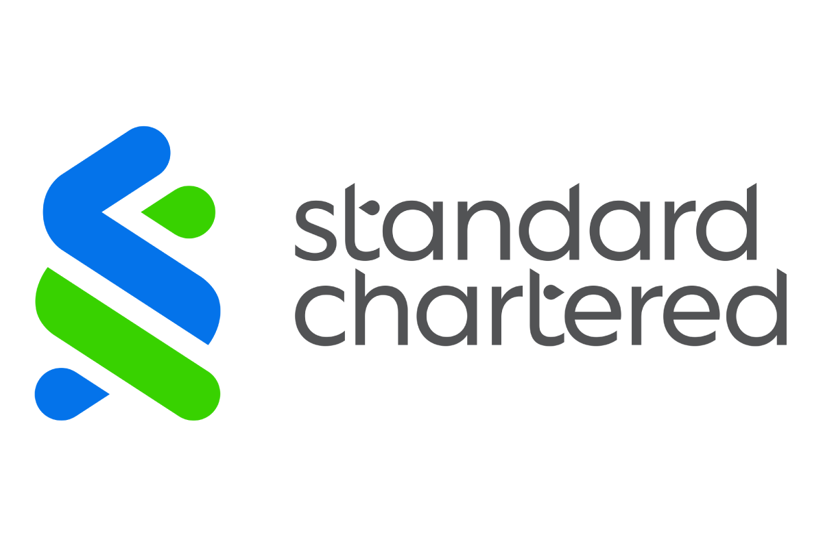 Standard Chartered logo with blue and green interlocking shapes.