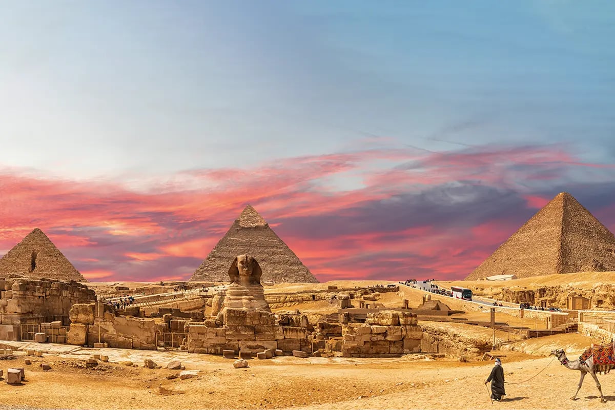 Sphinx with pyramids at sunset and camel nearby.