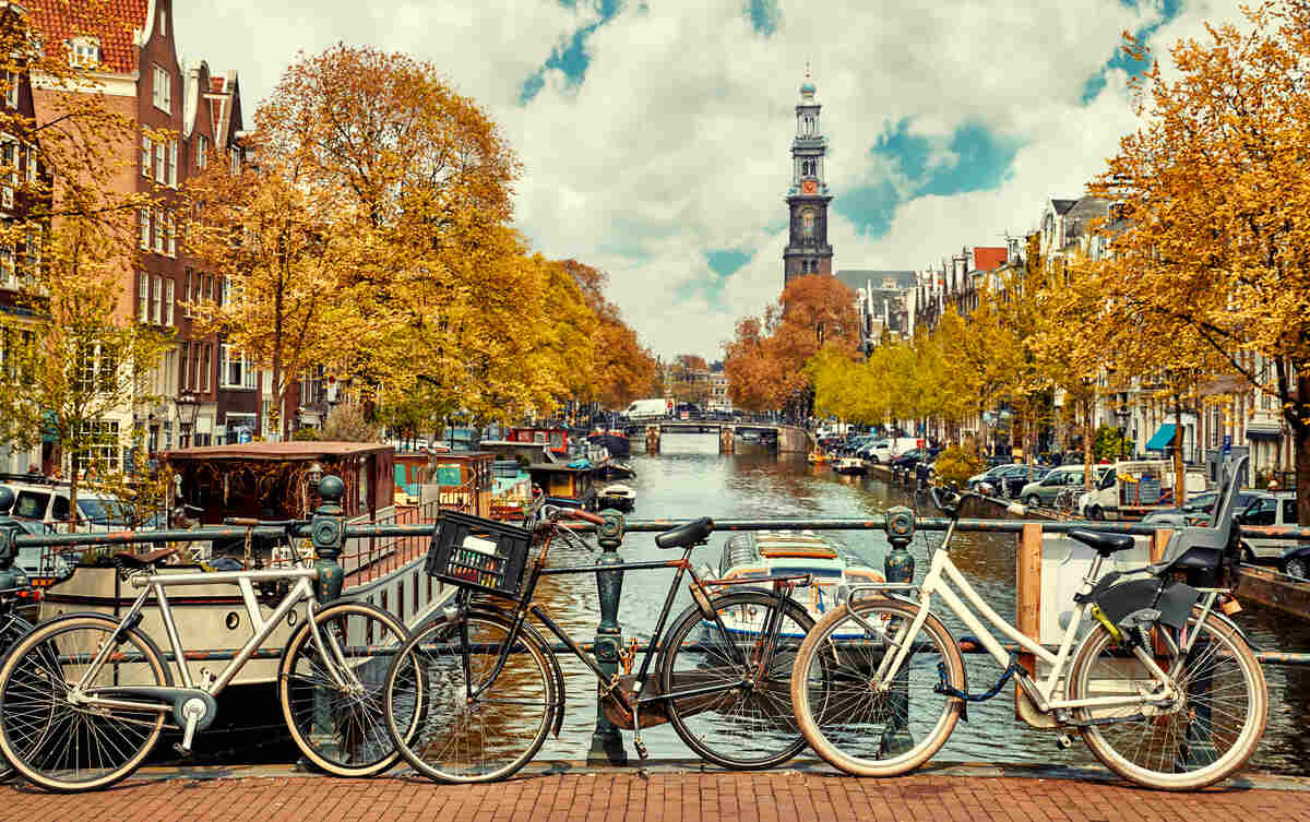 Bicycles over a canal in Amsterdam, Netherlands