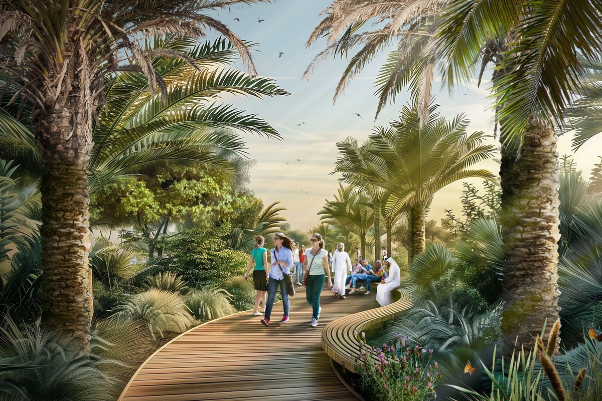 People walking on boardwalk under palm trees with a bench.