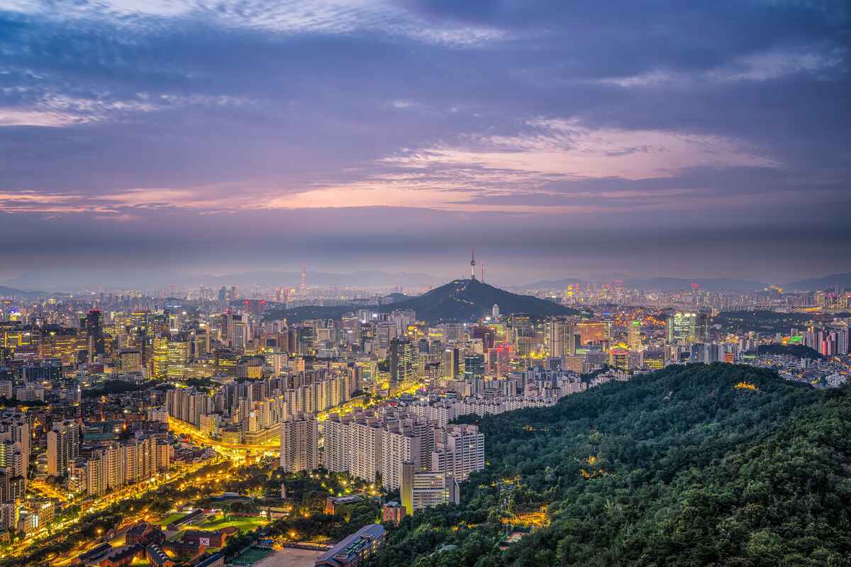 A sprawling city at twilight is illuminated, with a tall tower overlooking it.