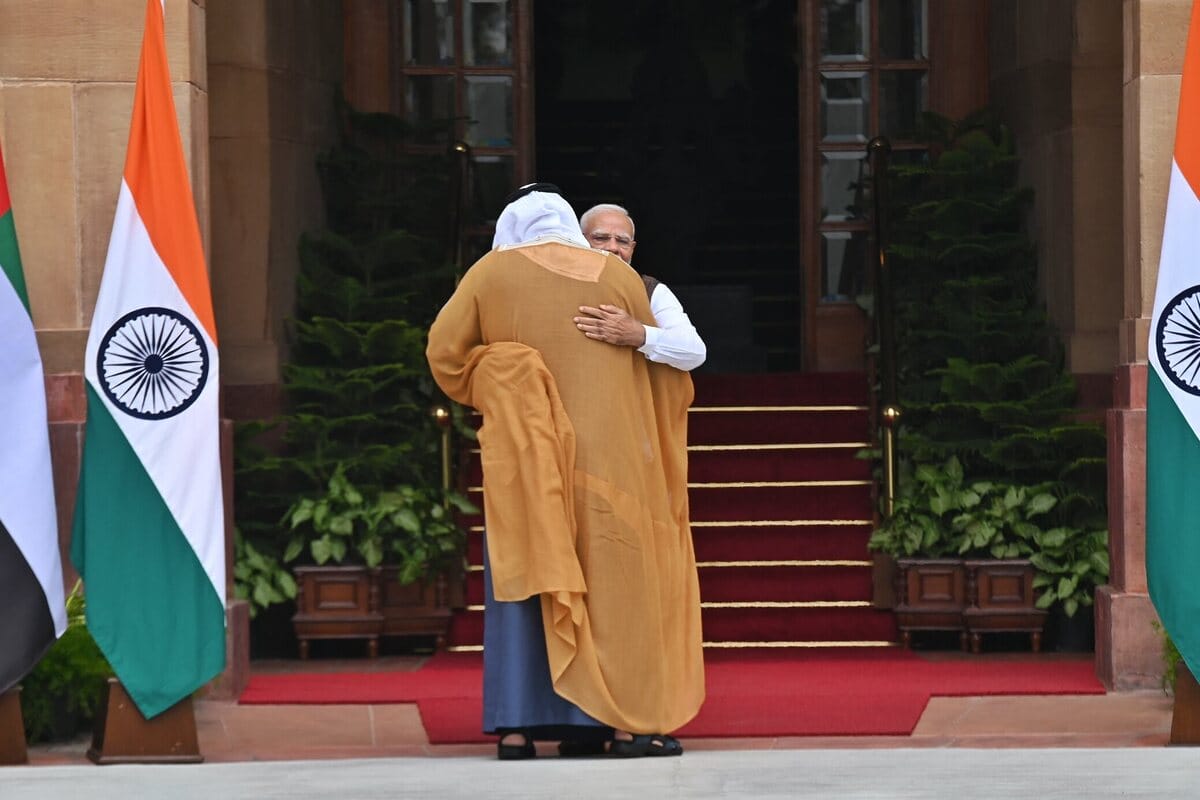 Abu Dhabi Crown Prince Sheikh Khaled meets Indian PM Narendra Modi at Hyderabad House in New Delhi.