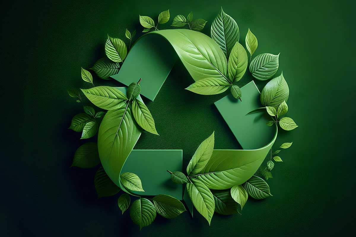 Recycling symbol made of green leaves.
