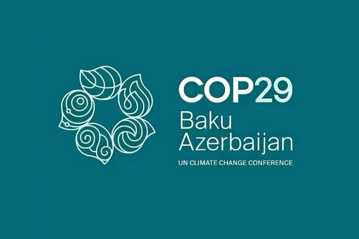 COP29 logo with floral design and text on a teal background.