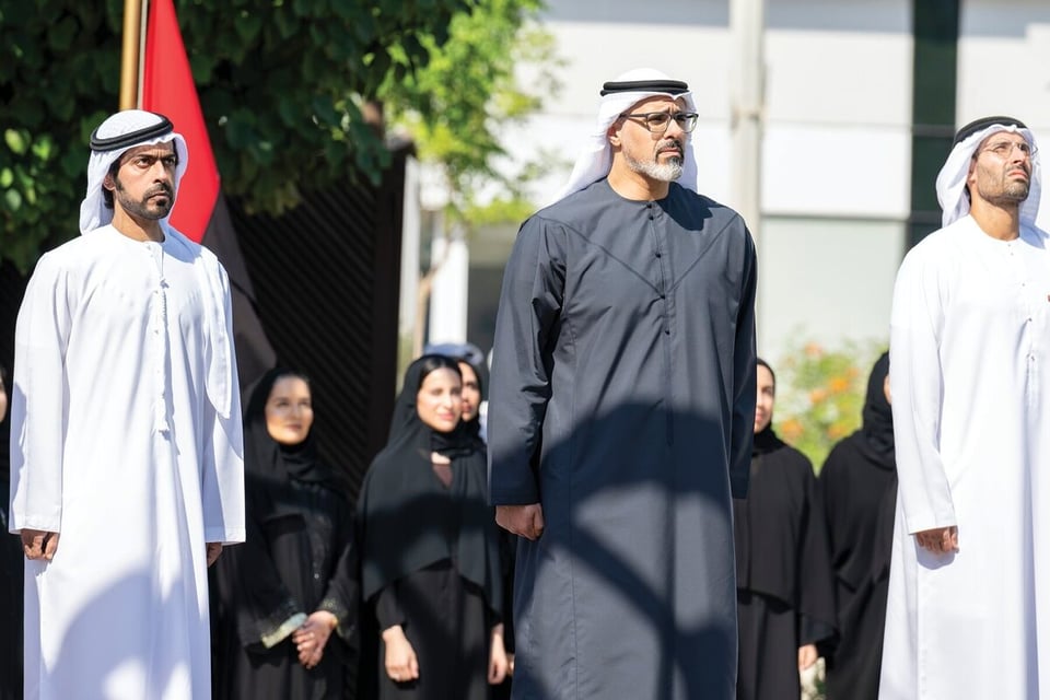 Sheikh Khaled bin Mohamed raises UAE flag at Abu Dhabi Executive Office to mark Flag Day