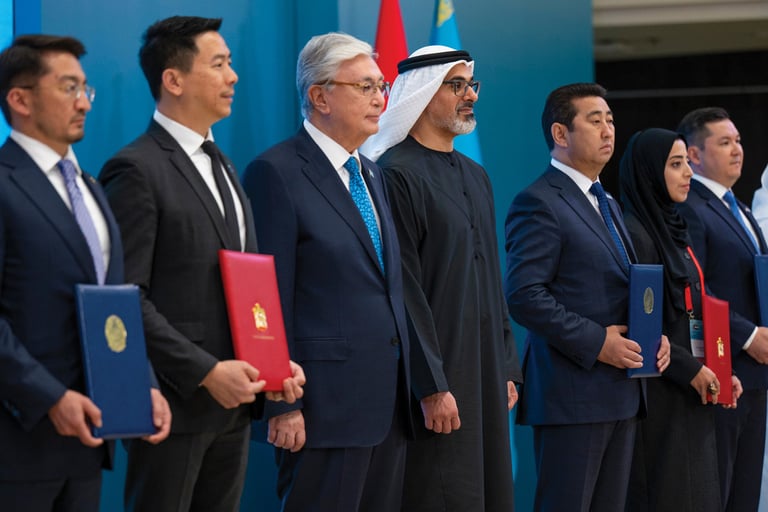 Sheikh Khaled and Kazakhstan President attend UAE-Kazakhstan Business Forum, witness exchange of key agreements