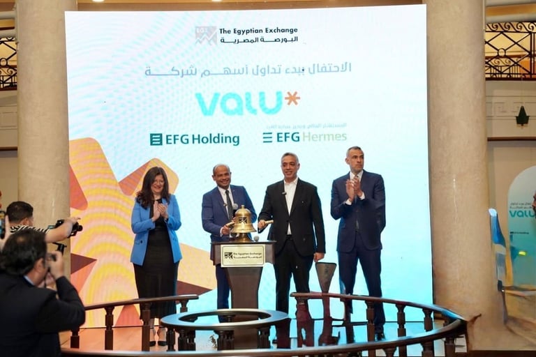 ڤاليو تبدأ تداول أسهمها في البورصة المصرية بتوزيع أرباح أسهم بقيمة 6.6 مليون دولار من مجموعة إي اف چي القابضة
